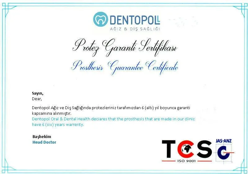 Prosthetic Warranty Certificate